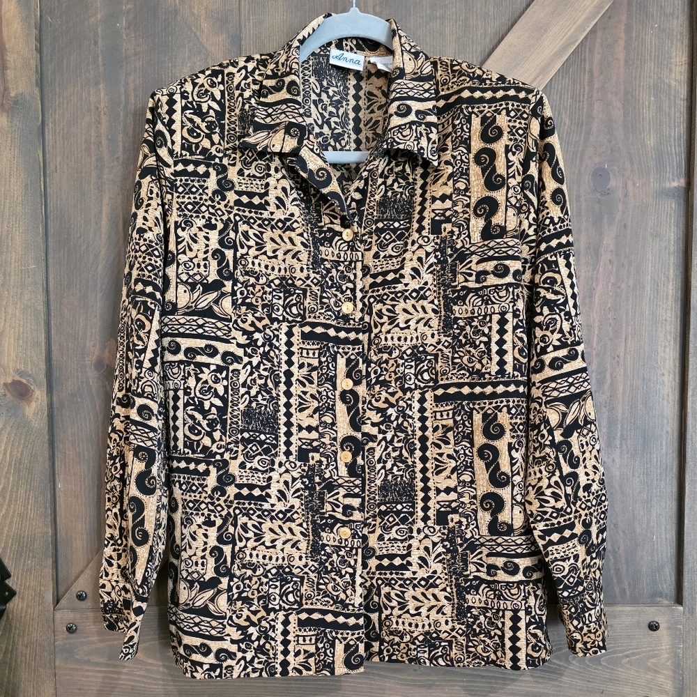 Vintage Anna Abstract Long Sleeve Button Up- Size Medium